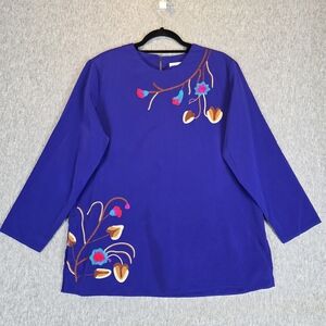 Vintage Maggie Sweet Embroidered Floral Silky Tunic Top Purple Wmn's Med